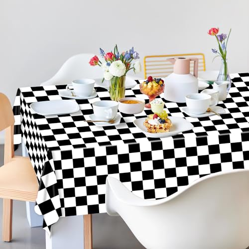 Image of Oigco 3 Pack Black and White Checkered Tablecloths Race Car Theme Tablecloths for Motor Racing Birthday Party Decorations, 54 inch x 108