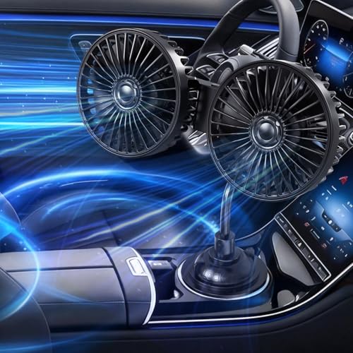 HUENLYEL Dual Head Car Fan for Cup Holder, Cup Holder Fan for Car Truck Vehicle Van RV with 3 Adjustable Speeds& 360°Rotation (USB Powered/No Battery)