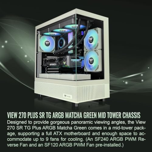 Image of Thermaltake View 270 Plus SR TG ARGB; Mid Tower Chassis; 1xSF240 ARGB PWM Reverse Fan 1xSF120 ARGB PWM Fan; 360mm Radiator Support; 420mm GPU Clearance; Matcha Green; CA-1Y7-00MEWN-06