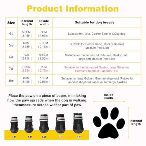 Faankiton 4 Stück Hundeschuhe Pfotenschutz, Wasserdicht Hundeschuhe mit Rutschfester Sohle und Reflektierenden Riemen für Mittelgroße und Große Hunde (7#)