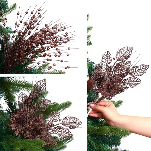 CristBest 24 Pack Christmas Tree Ornaments - Artificial Flowers Glitter Berry Stems Christmas Floral Picks Branches for Xmas Tree Decorations Vase Filler Holiday Wedding Party Home Decor (Brown) - image 6