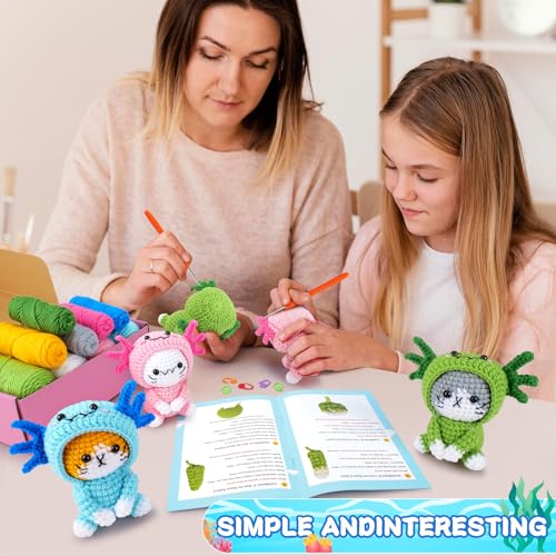 Image of Fortuning's JDS Crochet Kit for Beginners - 3 PCS Axolotl Cat Crochet Kits with Step-by-Step Video Tutorials, Beginner Crochet Kit for Adults, Crochet Cat Dressed as Axolotl Set
