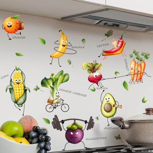 HGDESIGN® Sticker Mural Autocollant Mural Fruits et Légumes Drôles Décoration Murale pour Cuisine Salle à Manger (A)