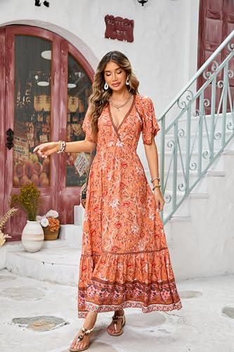 Image of R.Vivimos Women's Summer V Neck Maxi Dress Boho Floral Print Short Sleeve Elastic Waist Ruffle Patchwork A-Line Beach Dress