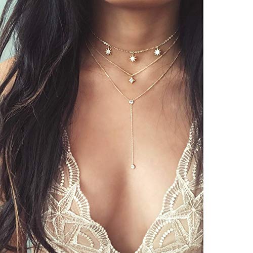 Luxcastle Women Multilayer Bar Necklace Charm Sun Star Rhinestones Pendants Gold Long Chain for Party