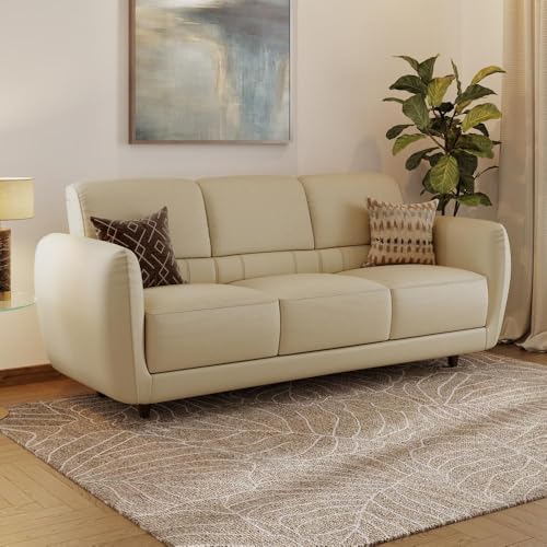 Image of Wakefit 3 Seater Sofa | 5 Year Warranty | Pine Wood & Engineered Wood, Beige Leatherette, 190 x 78 x 70 cm, Living Room Sofa