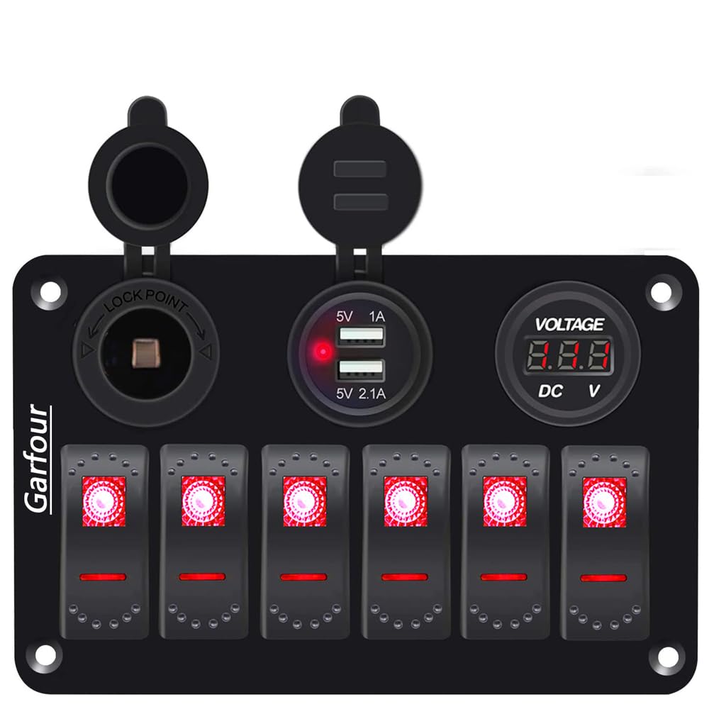 Garfour Red 6 Gang Marine Switch Panel - Waterproof Boat Rocker Switch Panel with 3.1A USB, Voltmeter & 12V Blue LED for Boats, Trucks, RVs, UTVs
