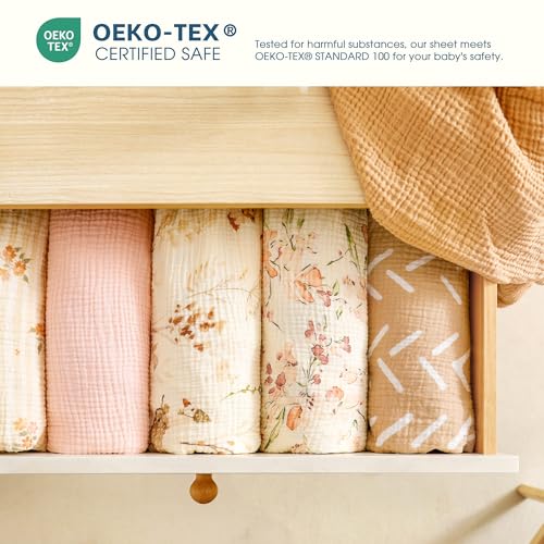Image of GRSSDER 100% Cotton Muslin Crib Sheet 2 Pack - Breathable & Ultra-Soft Fitted Crib Sheets for Standard Baby & Toddler Mattresses, 52 inchx28 inch with 9 inch Deep Pocket, Snug Fit All-Around Elastic, Pink Floral