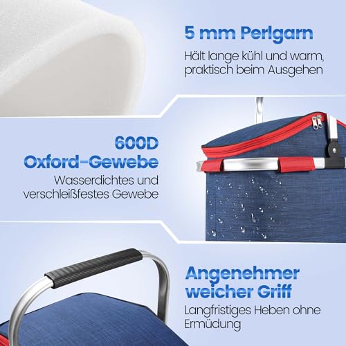 Faltbarer Einkaufskorb Kühltasche 27L - Ideal für den Wocheneinkauf mit gepolsterten Tragegriffen & Reißverschluss am Deckel, leicht klappbar & kompakt, 10kg belastbar, Faltkorb als Picknickkorb