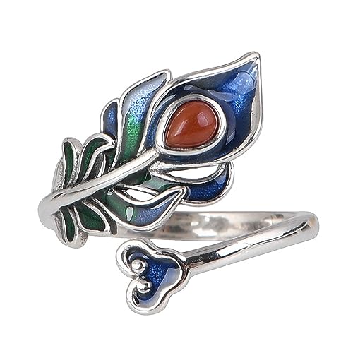 Bague plume de paon en argent 925 cloisonné et émail bleu élégant