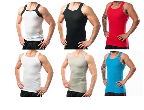 Different Touch Men's G-Unit Style Tank Tops Square Cut Muscle Ribbed Underwear Shirts (XL, 6 Pack (Assorted))