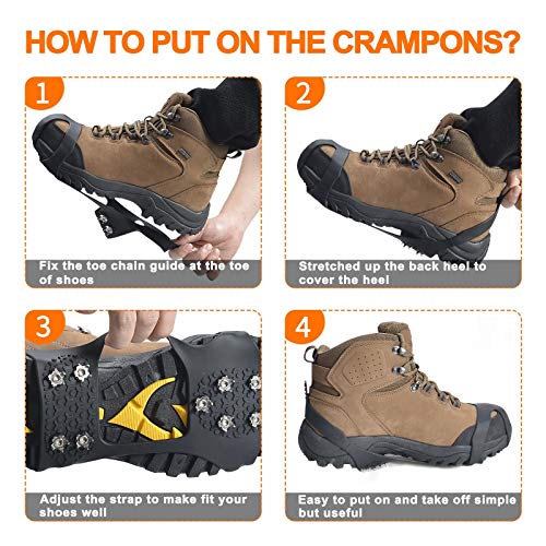 takyu 10 Spikes Crampons, Upgraded Stainless Steel Anti-Slip Microspikes, Ice Cleats for Hiking Shoes and Boots (Size L)