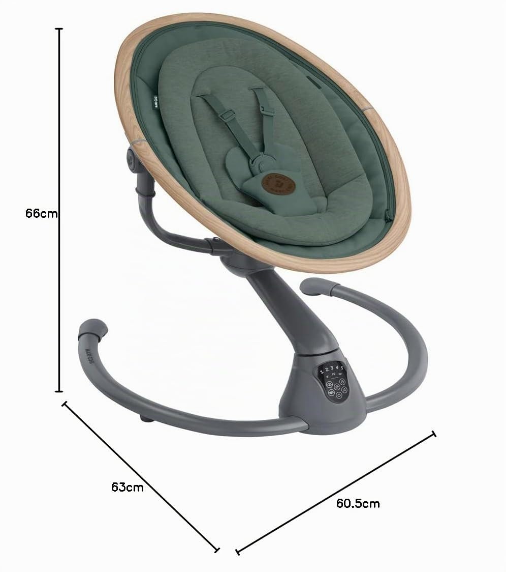 Maxi-Cosi Cassia Babywippe Elektrisch, 0–6 Monate, max. 9 kg, Babyschaukel Elektrisch, 12 Melodien, 360°-Sitzdrehung, automatische Bewegungserkennung, 5 Geschwindigkeiten, Beyond Green