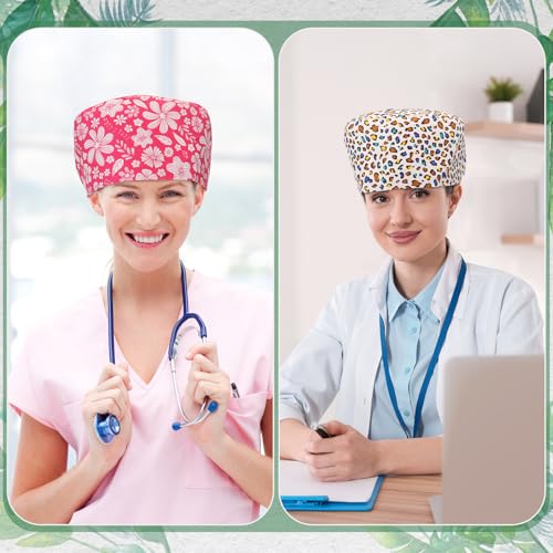 Image of 6 Pcs Scrub Cap Women Adjustable Nurse Cap with Button Bouffant Medical Surgical Hat Sweatband for Gift