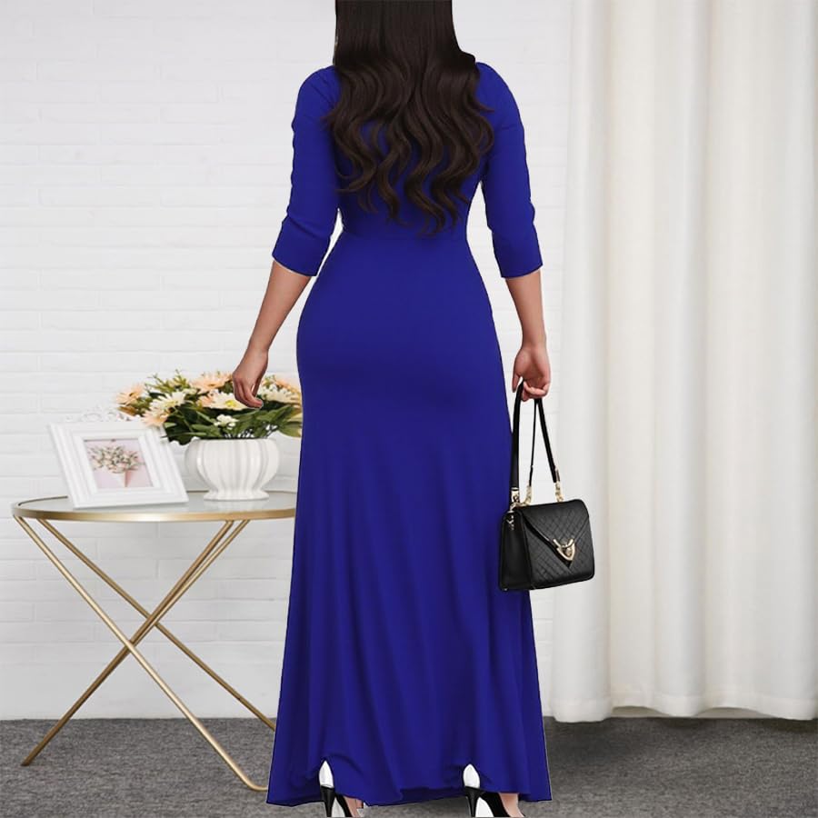 Image of CaniBtr Maxi Dresses for Women Plus Size 3 /4 Sleeve Long Dress with Belt | Versatile plus-size maxi dress,wrap v-neck + waist tie craft soft glamorous looks easily for everyday casual outings