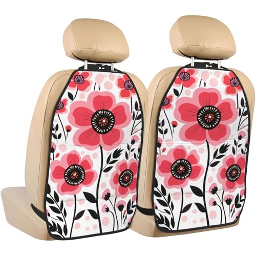 Pink And Black Flowers Car Seat Back Kick Protectors,2 Pack Kick Mats With Storage Pockets For Vehicles To Protect From Dirt Mud Scratches