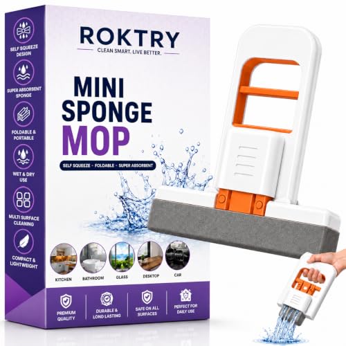 Image of ROKTRY Foldable Mini Sponge Mop with Self-Squeeze Handle, Portable Handheld Cleaning Mop for Kitchen, Bathroom, Window Glass, Desk, Sink, Countertop, Car, Office, Wet & Dry Cleaning Tool