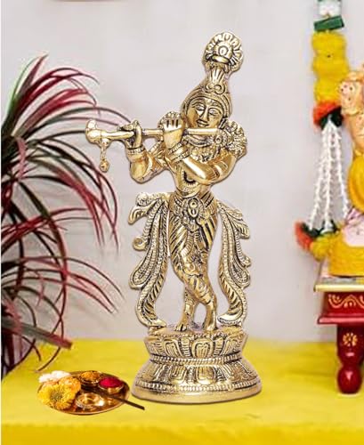 Estatua de Krishna tocando flauta, acabado dorado, 22 cm miniatura 3