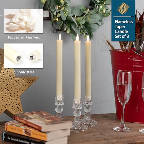 Image of Flameless Taper Candles with Remote, Real Wax Battery Operated LED Candles with 3D Flickering Flame, 9.6 inch 3PCS Ivory Realistic Dripless Candlesticks for Home Wedding Decor, Mother's Day Gifts