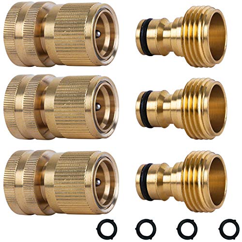 Gaoominy Garden Hose Quick Connect Solid Brass Quick Garden Hose Fitting Water Hose Connectors 3/4 Inch GHT (3 Sets)