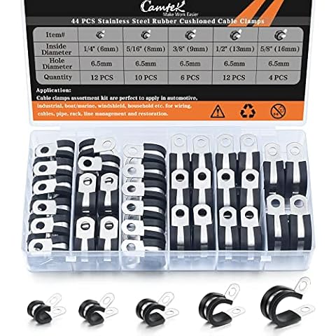 44PCS Cable Clamps, Camtek Stainless Steel Rubber Cushion Pipe Clamps Hose Clamps Metal Clamp Rubber Cushioned Fuel Line Hose Water Pipe Air Tubing Spring Clips Clamps Assortment Kit - 5 Sizes Cover