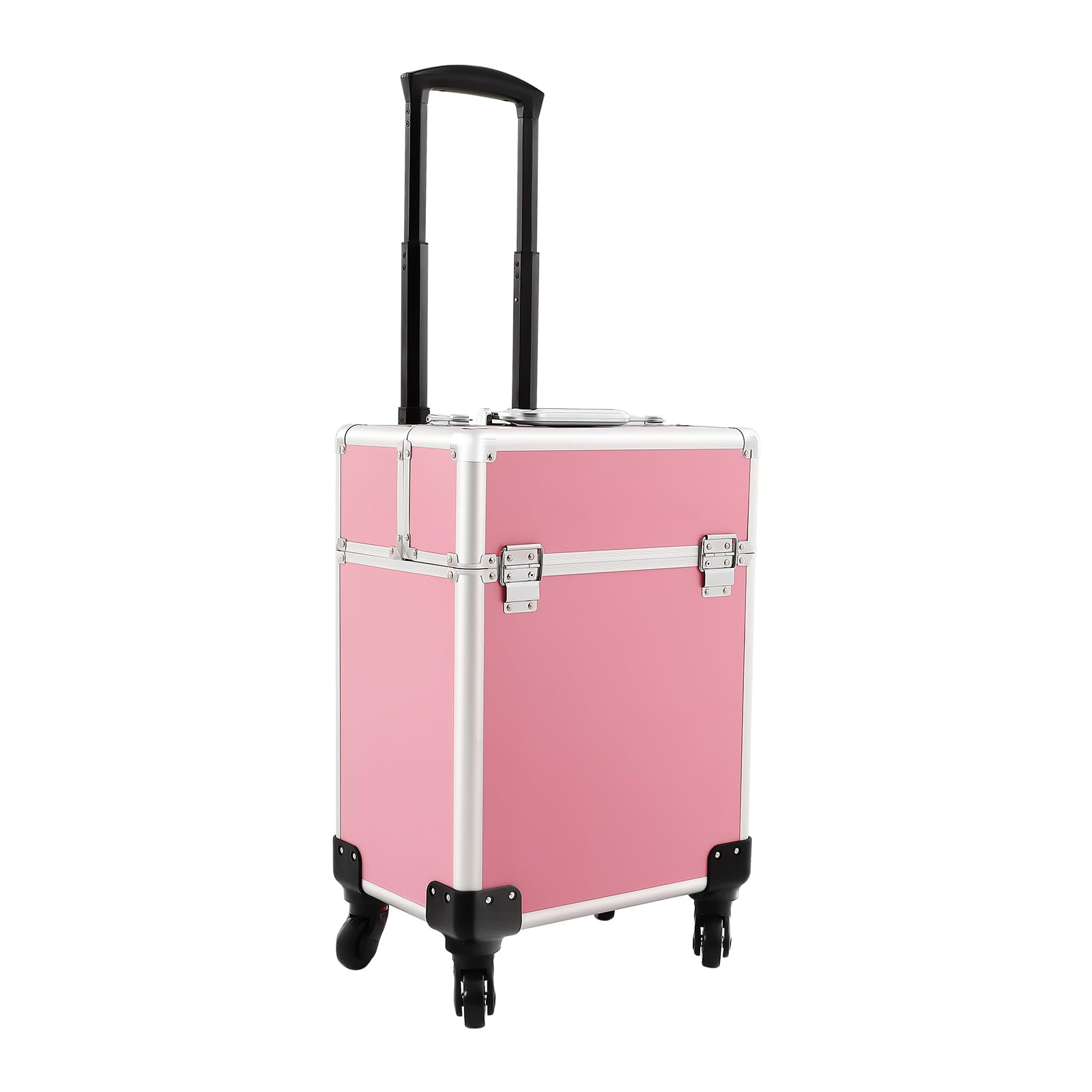 Walizka na kosmetyki na kółkach, aluminiowa, kuferek na kosmetyki z 4 wysuwanymi przegródkami i 4 uniwersalnymi rolkami, walizka na kosmetyki, Rosa