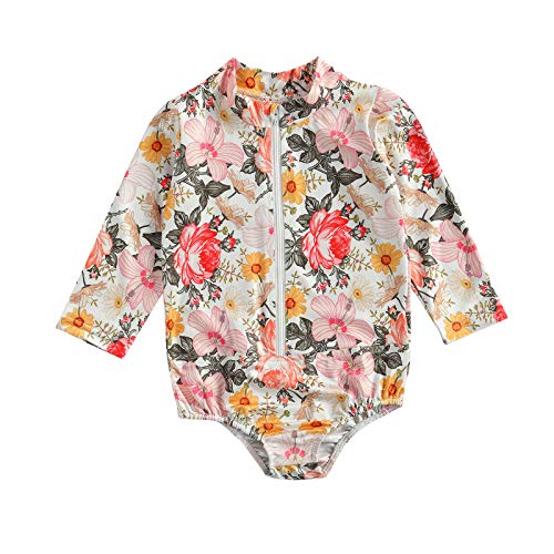 Baby Girls One Piece Swimsuit Zip Rash Guard Swimwear Ruffled Long Sleeve Bathing Suit (Floral, 2-3T)