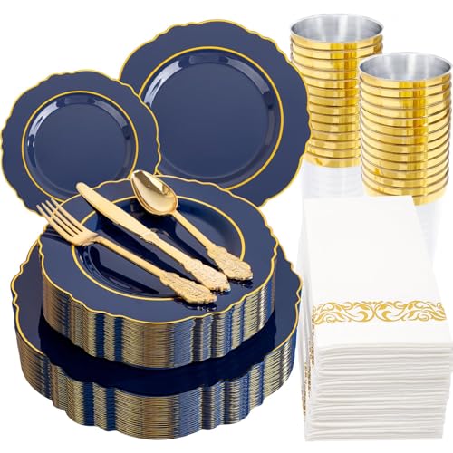KIRE 210Pcs Navy Blue Plastic Plates - Blue Plates Disposable - 30guest Baroque Plastic Dinnerware for Hanukkah/Upscale Wedding/Parties KIRE 210Pcs Navy Blue Plastic Plates - Blue Plates Disposable - 30guest Baroque Plastic Dinnerware for Hanukkah/Upscale Wedding/Parties