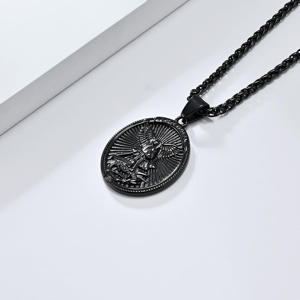 Men Saint Michael Necklace,Stainless Steel Black/Silver/Gold Archangel Pendant Necklace Amulet Medal Jewelry,60cm Rolo Chain