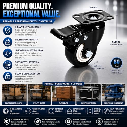 Image of 1.5 inch Heavy Duty Caster Wheels Set of 4 with 2 Brake & 2 Fixed Wheels | Furniture Trolley, Silent PU 360 Swivel Caster wheel for Cabinets, Workbench, Cart, Rack & Industrial Equipment