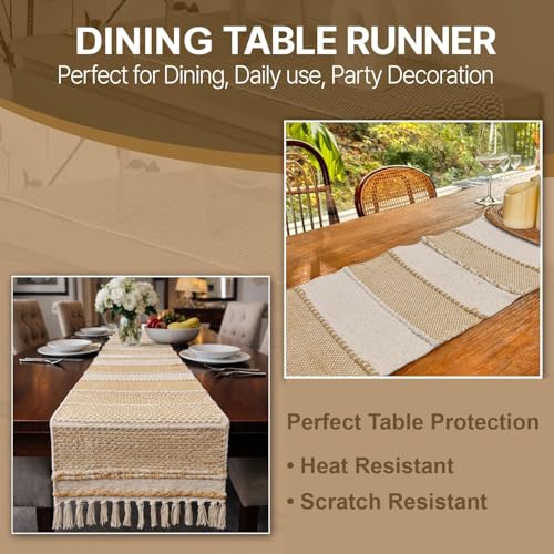 Image of Luxe Home Elegant Beige and White Woven Table Runner with Tassels - Cotton 13.5 x 77 Inch, Rustica - Perfect for Dining Table, Center Table, Decor Pack of 1