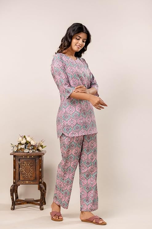 Image of Night Suit for Women Pure Cotton Printed Night Suit Top and Pyjama Set for Women's Night Dress of Shirt & Pyjama Set for Womens Night Dress for Woman