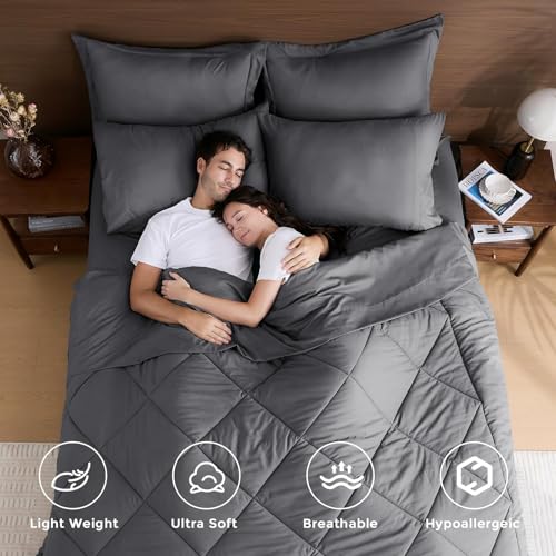 HEVUMYI Twin-XL Comforter Set - 5-Piece All Season Bed in a Bag Twin-XL, Ultra Soft Bedding Set with Comforter, Flat Sheet, Fitted Sheet, Pillowcases, Pillow Shams, Dark Grey