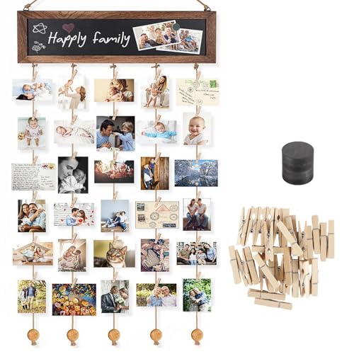 Dwitkul Tablero Colgar Fotos Pared con 30 Pinzas Madera Portafotos Multiple Collage para Decoracion Hogar Cumpleanos Boda Navidad y Exposicion