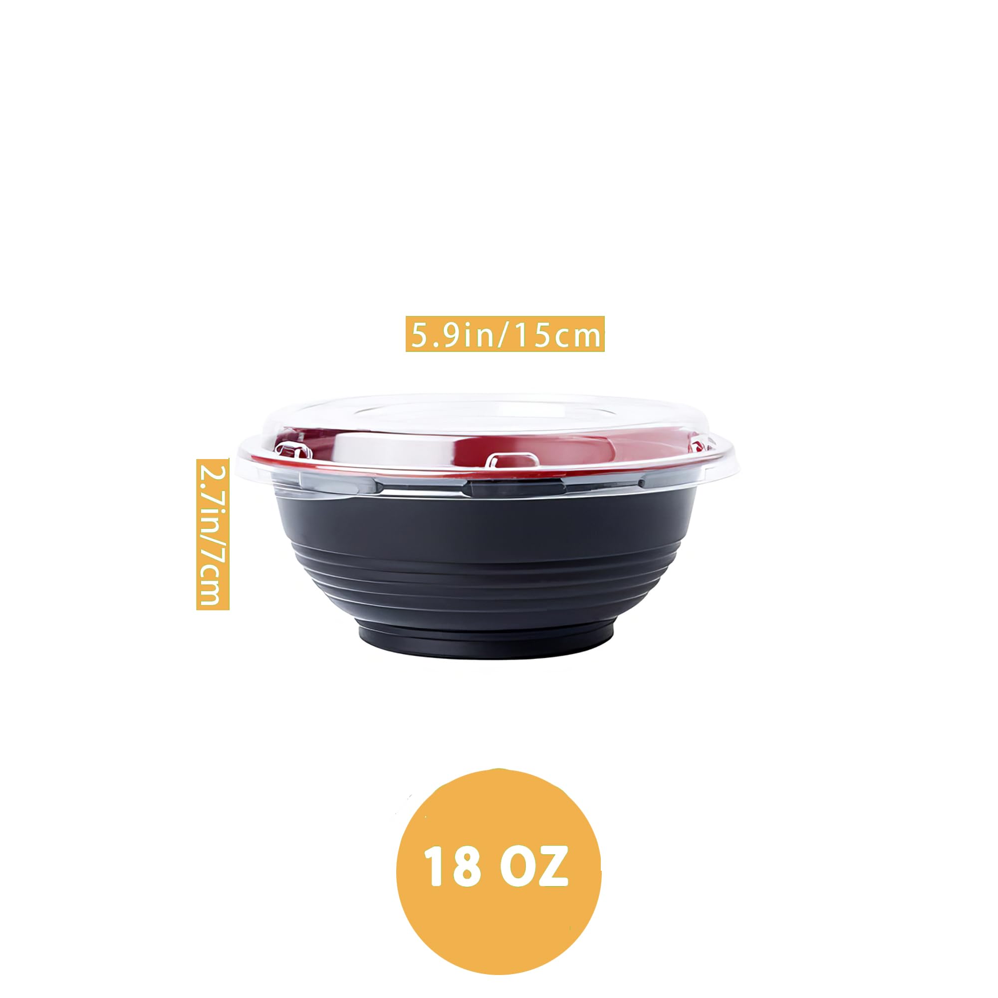 POPMISOLER 300-Pack 18oz Asian-style microwave salad bowls (with lids) | Red and black disposable takeaway bowls | For picnics and takeaways