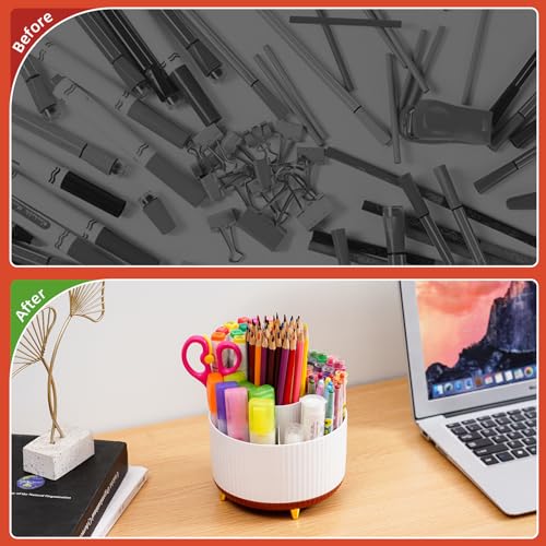 Image of Marbrasse Desk Organizer, 360-Degree Rotating Pen Holder, Desk Organizers and Accessories with 5 Compartments Pencil Holder, Art Supply Storage Box Caddy for Office, Home (White+Red)