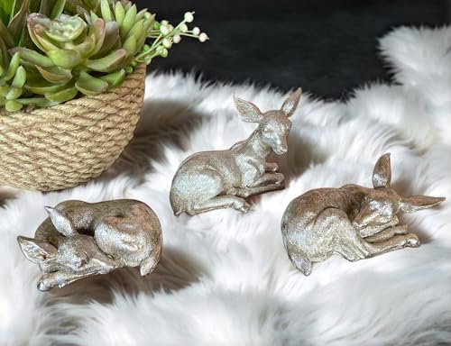 Set of Stags Deer Ornament Indoor Outdoor Vintage Silver Small Decorative Statue Reindeer Deers for the Living Room Christmas Decoration Sculpture (Silver)