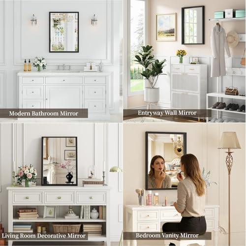 Image of Syndra Black Wood Frame Bathroom Mirror, 22''x30'' Modern Vanity Mirror for Wall, Waterproof Slim Deep Frame, Rectangular HD Tempered Glass Mirror for Living Room, Bedroom, Entryway, Rustic, Farmhouse