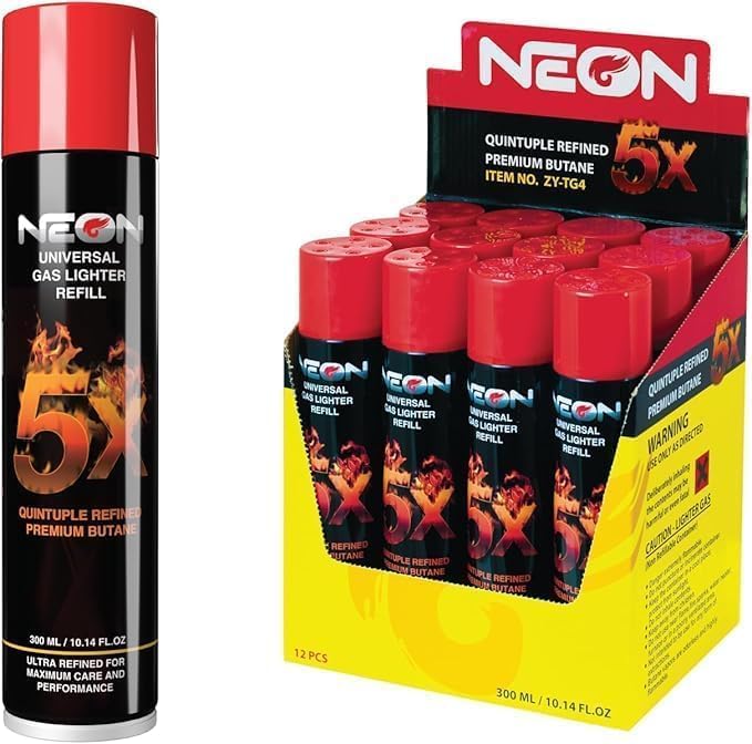 Neon Butane Fuel, 5X Butane Refill 300ml Butane Gas for Lighters, Torch (12)