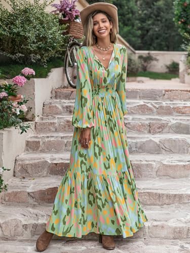 Image of SGF11 Floral Summer Dresses for Women 2026 Design Boho V Neck Short Sleeve Slit Maxi Dress Wear Casual