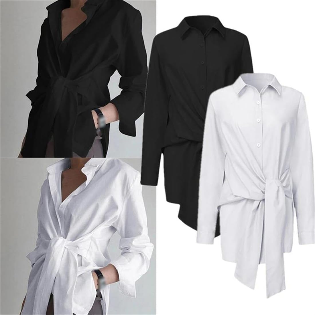 Blusa Asimétrica con Cordones para Mujer, Blusa Informal De Manga Larga con Botones, Túnica De Trabajo De Talla Grande