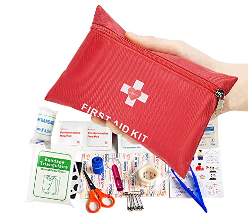 Mini First Aid Kit, 96 Pieces Small Emergency Equipment First Aid Kit with Emergency Whistle, Multifunctional Card for Travel Car, Home, Office, Sports, Camping, Workplace & Outdoor Red