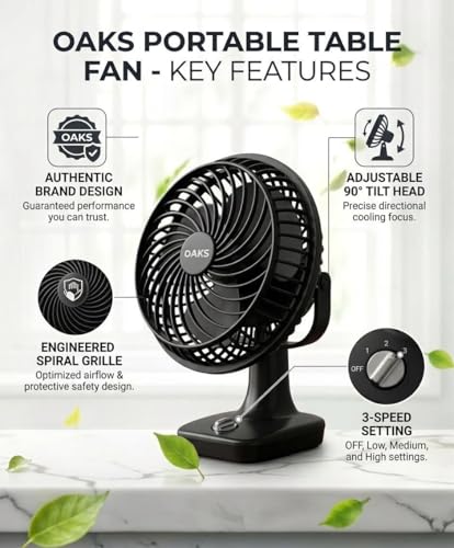 Image of OAKS 230 MM High Speed Table Fan For Home, Bedroom, Living Room With Powerful Motor and 3 Speed Setting (Black)