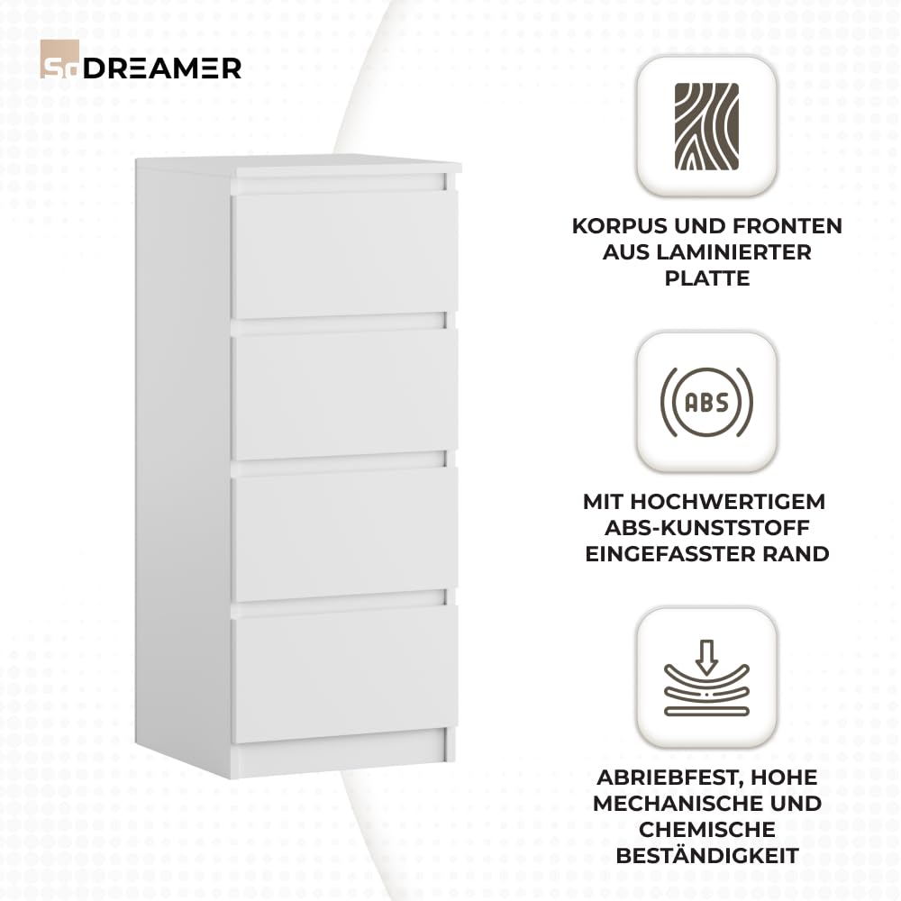Kommode mit 4 Schubladen | Weiß 40 cm Ideal für Schlafzimmer, Wohnzimmer, Kinderzimmer und Büro | Geräumige Kommode| Modernes Design | 40 x 97 x 40 cm