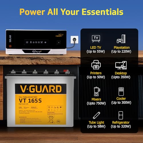 Image of V - Guard Smart Inverter & Battery Combo (Smart Pro 1200 S Solar Inverter, VT 165S (154 Ah Tall Tubular Battery)) for Home, Office & Shops