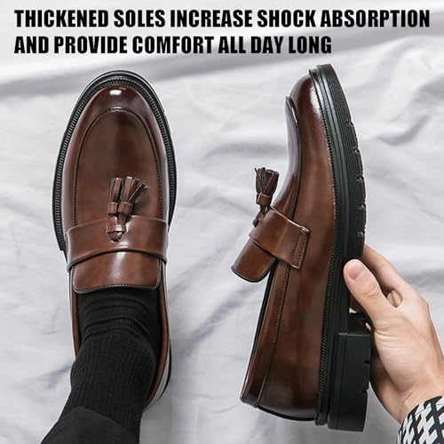 Men's Fashion Tassel Platform Loafers Comfortable Wide Round Toe Slip on Lug Sole Low Block Heel Business Dress Shoes Non-Slip Work Office Casual Shoes (Brown,8) by QOOEL - Used condition - Image 5