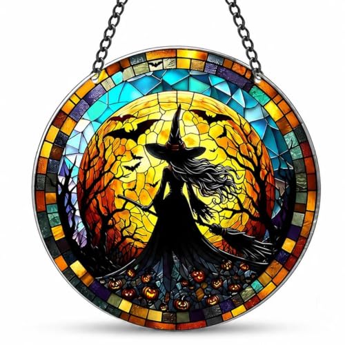Image of Sun Catchers For Windows, Moon & Witch Gothic Stained Glass Ornament (20cm)