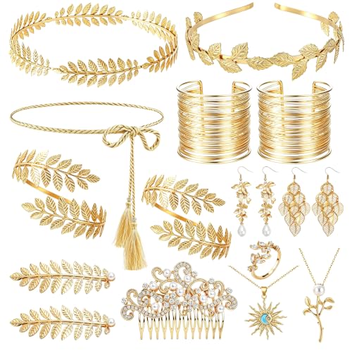 Zobnexts 17Pcs Greek Goddess Costume Accessories Set Grecian Toga Roman Accessories Golden Leaf Greek Crown Headband Greek Goddess Grecian Belt Toga Jewelry for Women