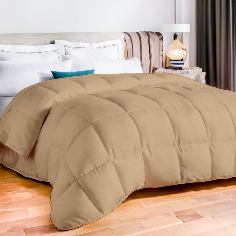 EASYCOT 10.5 Tog Down Alternative Comforter - 100% Egyptian Cotton Quilted Duvet Insert with Corner Tabs, Box Stitched, Fluffy All-Season Bedding, Ultra Soft Hotel Quality Blanket - (Beige, Single)