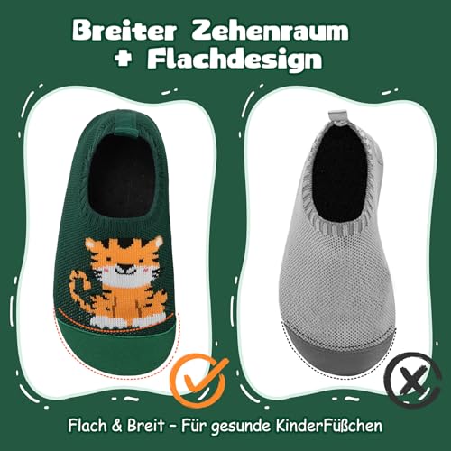 VOLHAL Hausschuhe ​Kinder Mädchen Junge Barfussschuhe Pantoffeln Lauflernschuhe ​Rutschfest ​Kindergarten für Atmung saktive​ Weich Kleinkinder Schuhe ​Unisex(Tiger Grün 26EU)